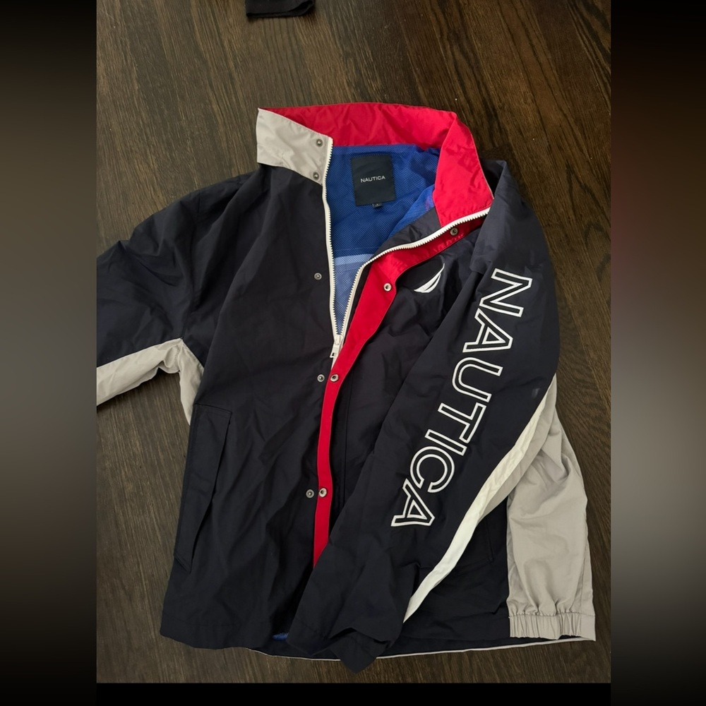 Nautica brand navy grey and red windbreaker sailing jacket size large button up